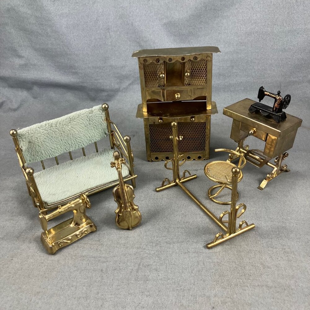 Vtg Dollhouse Furniture Mini Brass Day Bed Cabinet Hutch Sewing Machine Cello